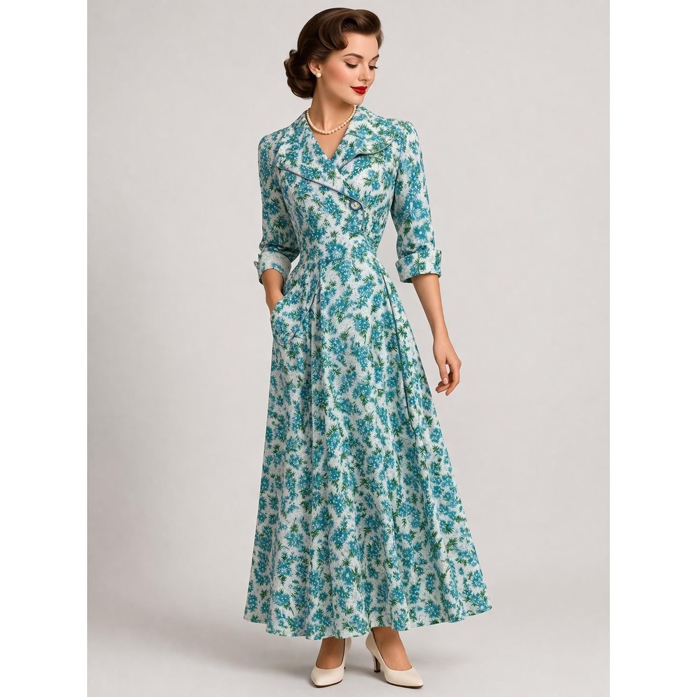 1950s Blue Floral Rayon House Dress Robe by Campus Girl
